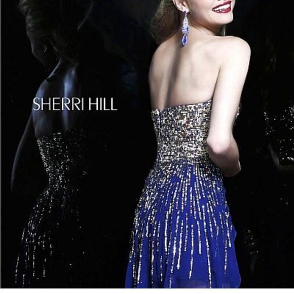 Sherri Hill Style 8443 Sequin Cobalt Royal Blue Short Strapless Prom‎ Dress 0 - Picture 4 of 12